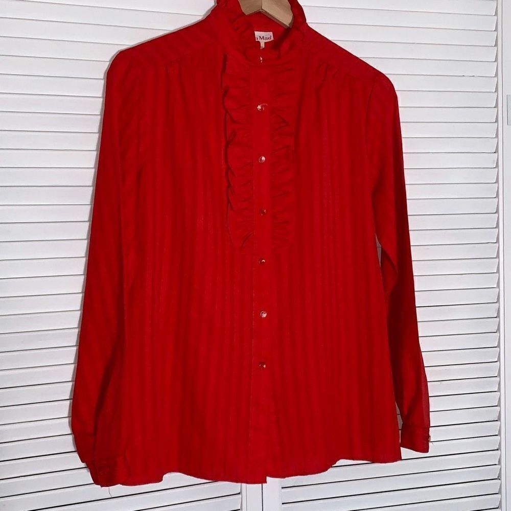 Vintage‎ Red Striped Victorian Ruffle Button Down Blouse Women’s Size 12